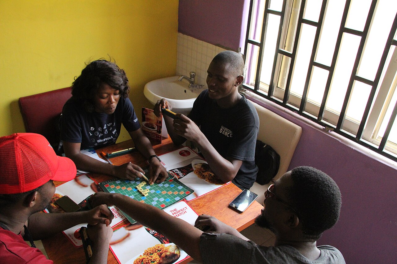 Close-up of a Scrabble board during a competitive tournament in Lagos, Nigeria.
