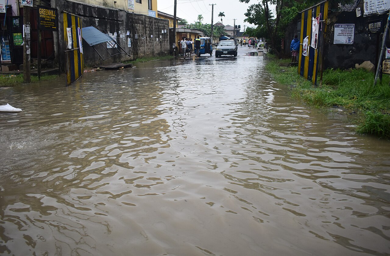 Flooded residential area and submerged buildings in Edo State following heavy downpours